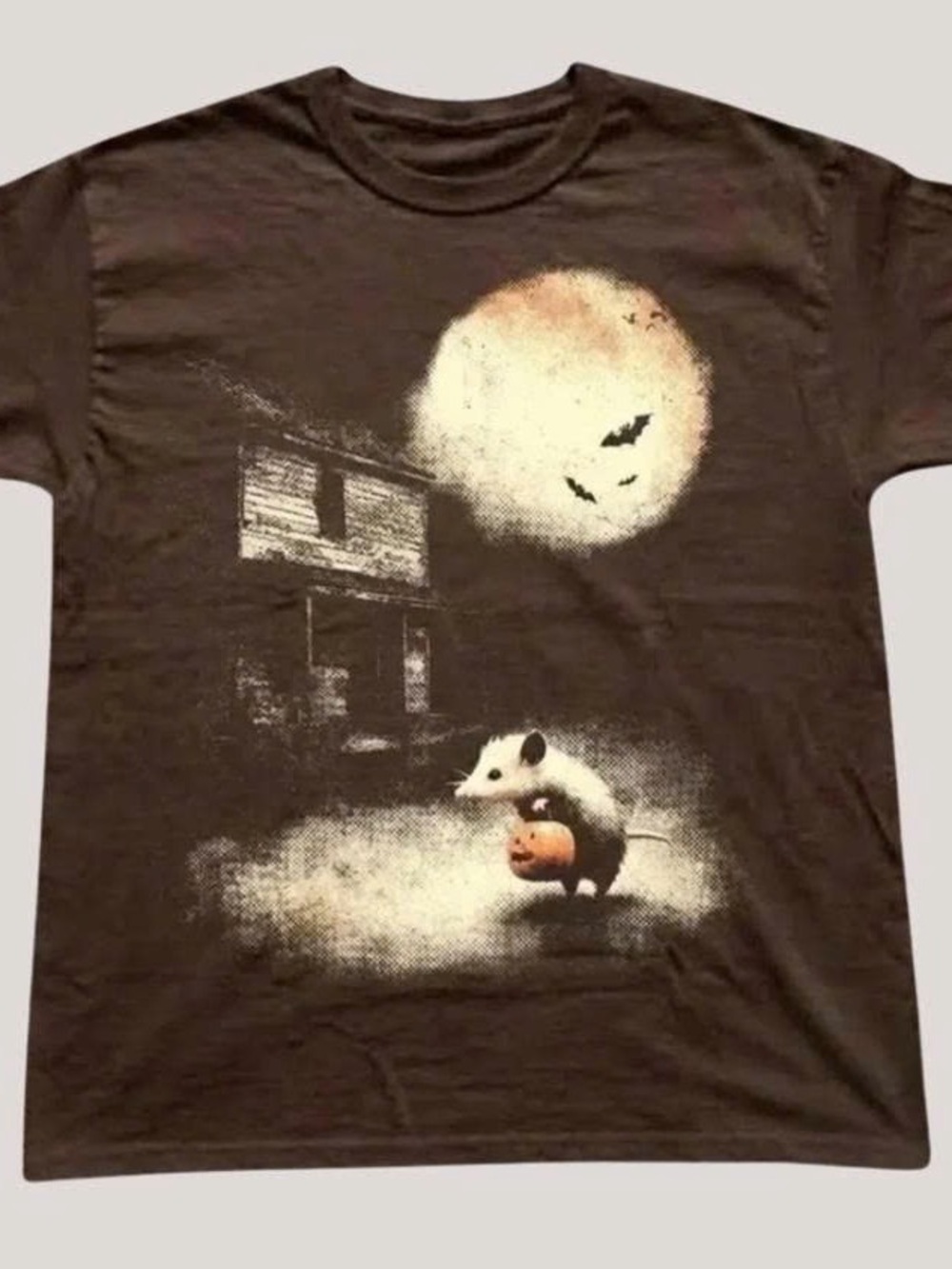 Brown Graphic Tee with Moon and Possum Print